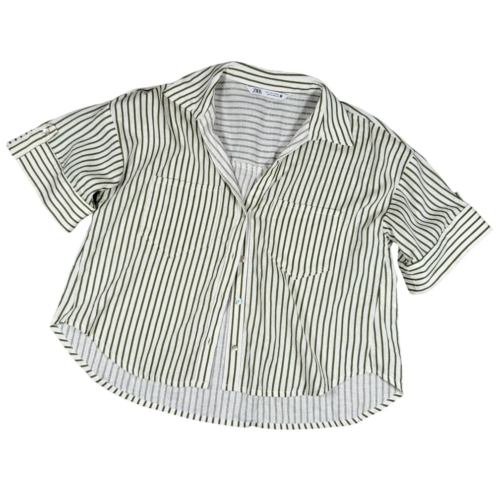 Zara Striped Linen Blend Short Sleeve Button Up Casual Shirt Green White Medium